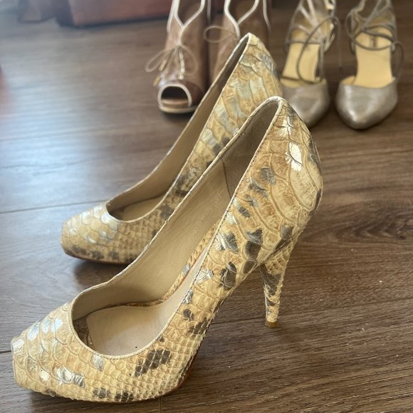 Joan & David Leather Metallic Snakeskin Embossed Open Toe Heels size 6.5 - Picture 4 of 6